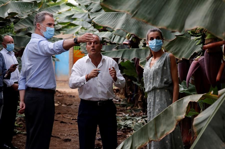 Los Reyes durante su visita a una explotación platanera en el Sur de Tenerife.