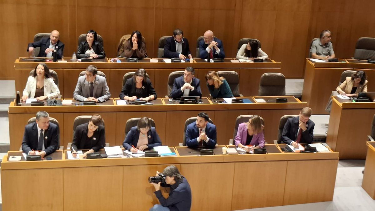 La bancada del PSOE, en el momento de los aplausos por el reconocimiento conocido a Javier Lambán.