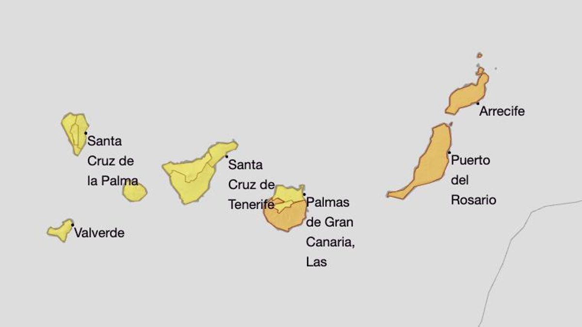 Mapa de la Aemet de los avisos por altas temperaturas y calima para el viernes.