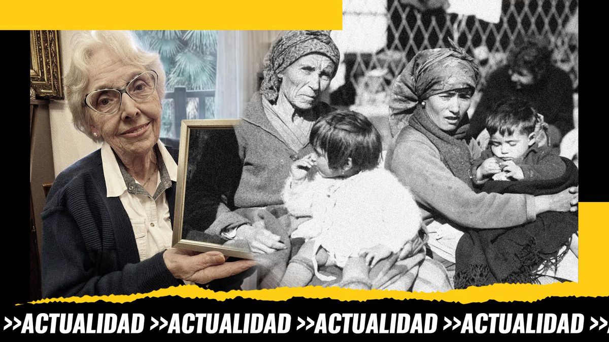 Montaje: Mercedes de Orriols junto a una fotografía de refugiadas en una estación cercana a El Pertús en enero de 1939