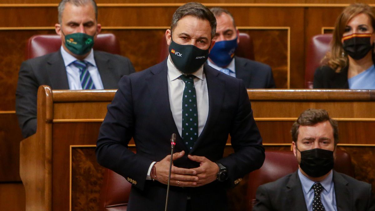 El líder de Vox, Santiago Abascal, interviene en una sesión de control en el Congreso de los Diputados, a 12 de mayo de 2021, en Madrid, (España).