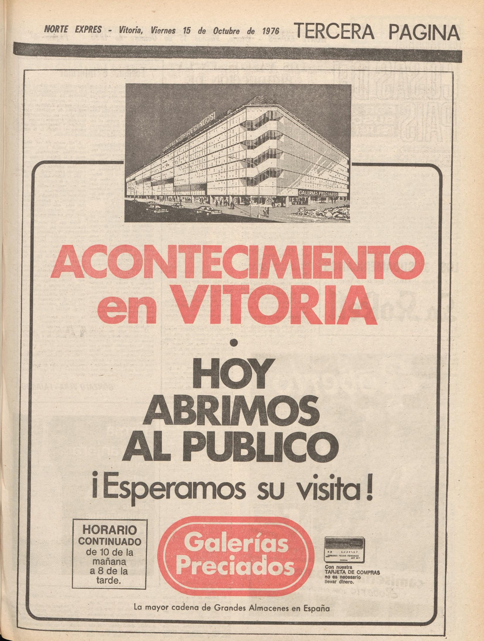 Anuncio publicado en 'Norte Exprés' el 15 de octubre de 1976, día de la apertura de Galerías Preciados en Vitoria
