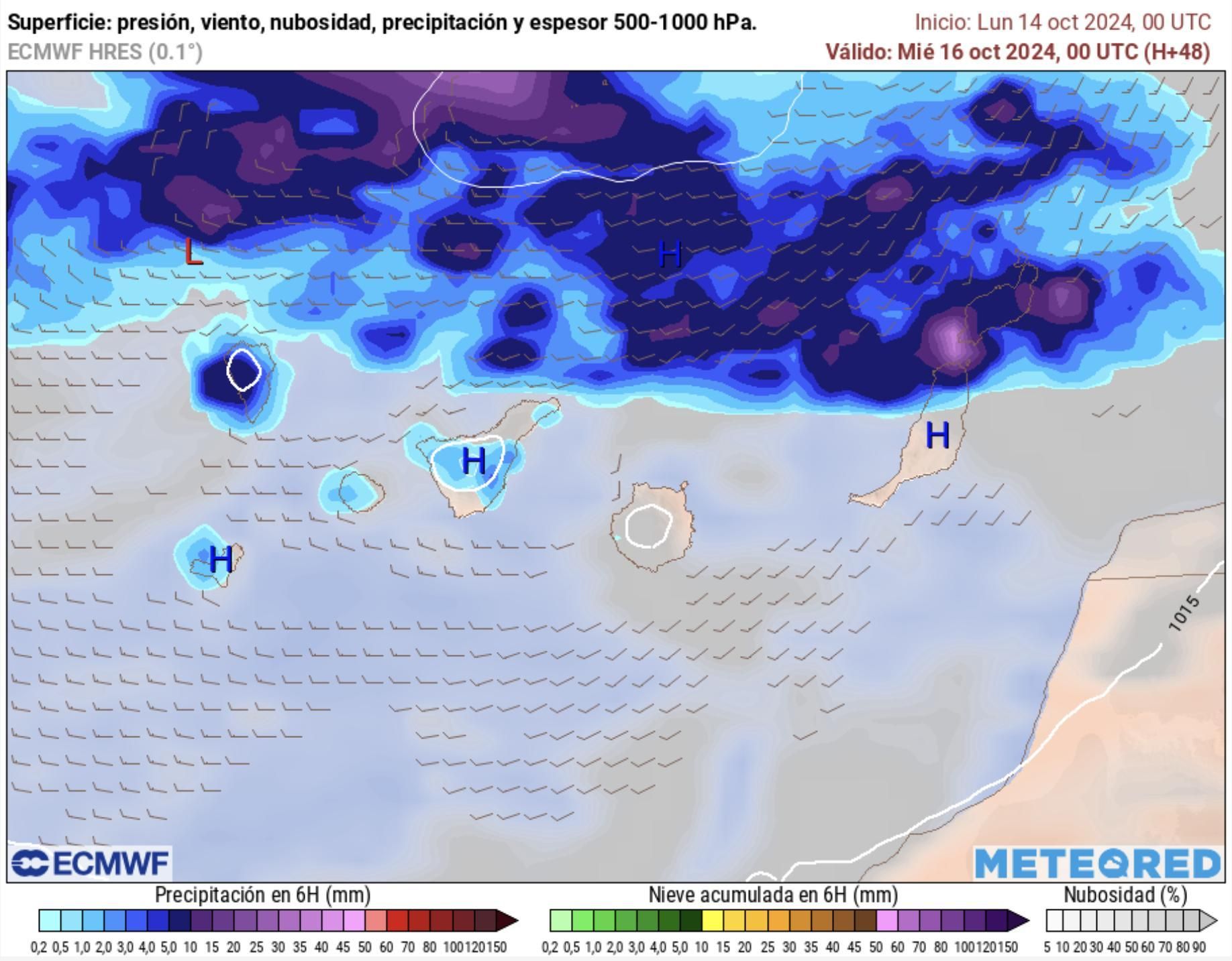 Mapa de lluvia esperada este miércoles en Canarias.