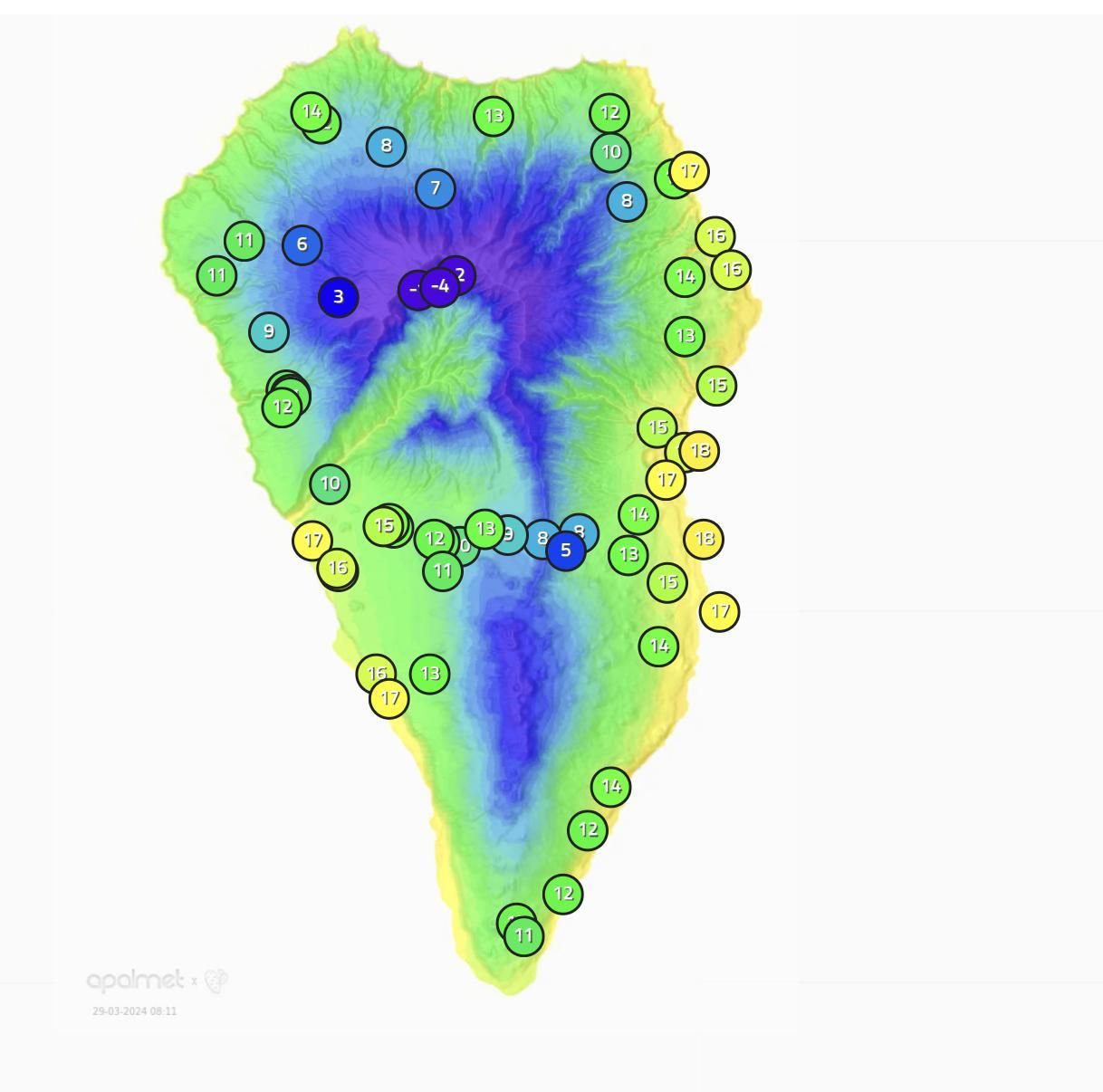 Mapa de la Apalmet donde se indica la temperatura que se registraba este viernes, a las 08.150 horas, en diferentes puntos de La Palma.