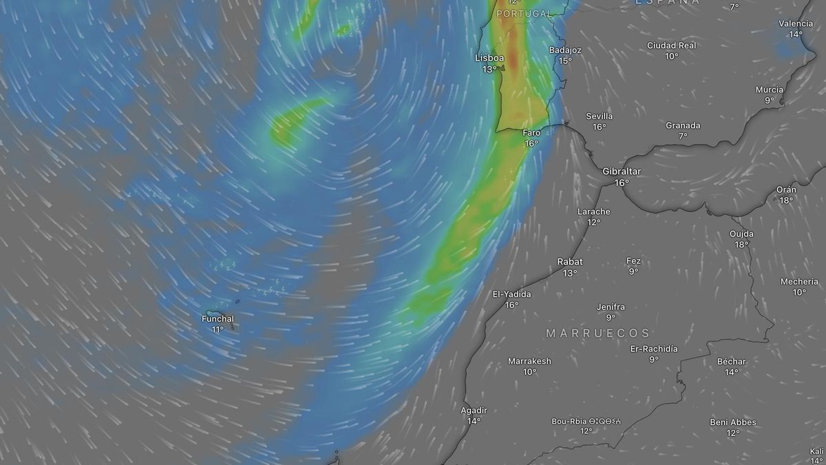 Mapa del frente atlántico, afectando a Canarias este jueves, según el modelo europeo.