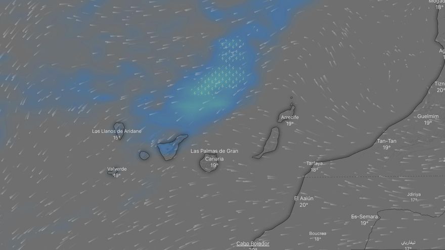 Tormentas previstas para este miércoles en el Atlántico, al norte de Canarias. / FOTO: WINDY