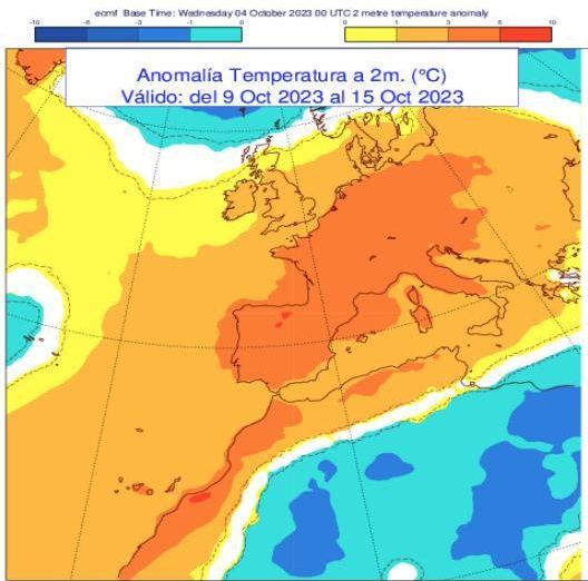 Mapa de anomalía de temperatura entre el 9 y el 15 de octubre