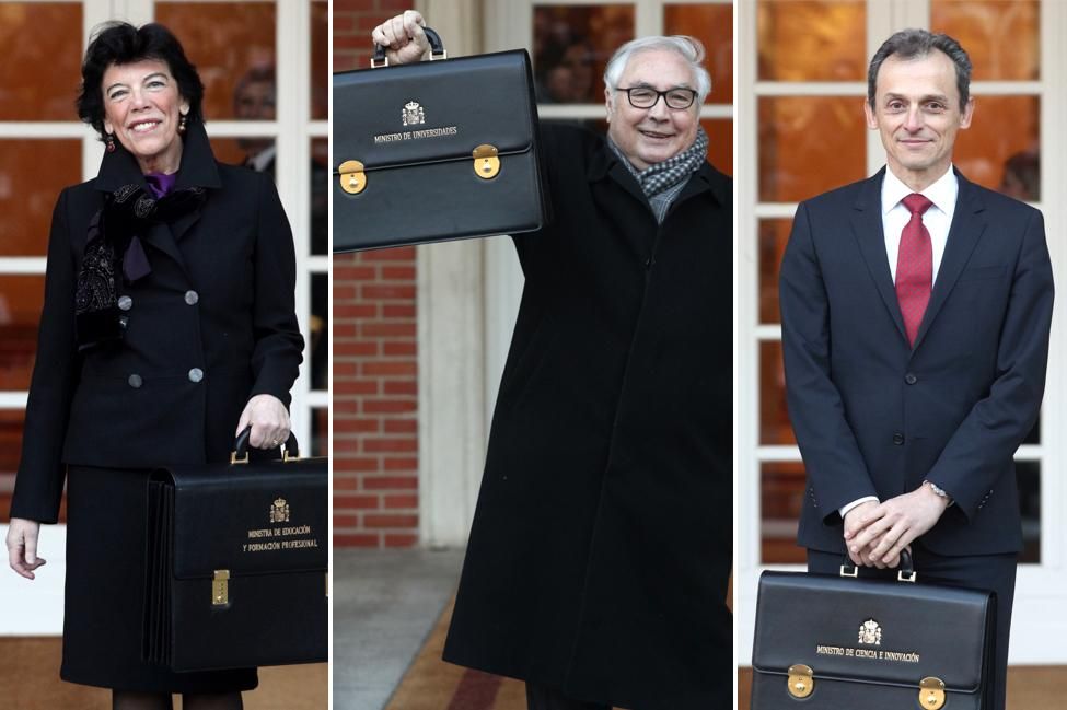 Isabel Celaá, ministra de Educación y Formación Profesional, Manuel Castells, ministro de Universidades y Pedro Duque, ministro de Ciencia e Innovación