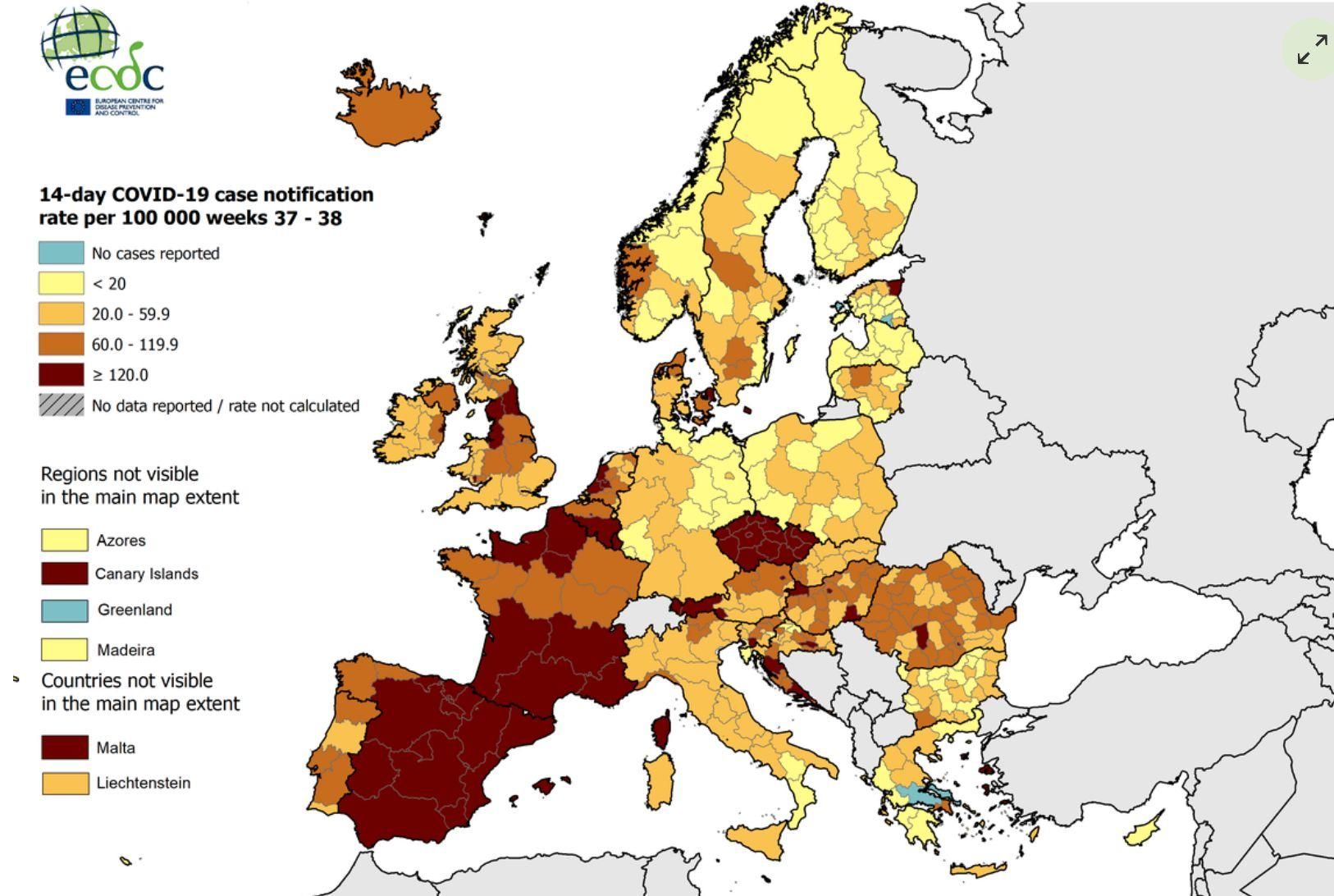 Casos positivos en los últimos 14 días por 100.000 habitantes en Europa, según el Centro Europeo de Prevención y Control de Enfermedades.