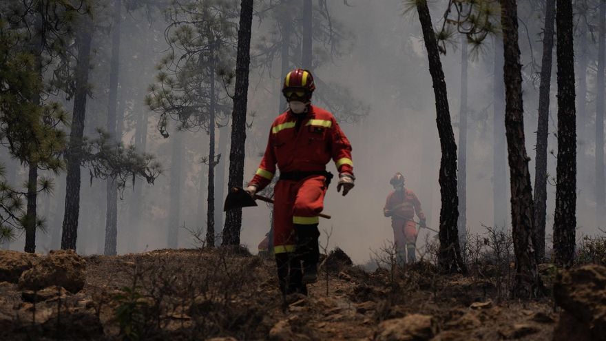 Miembros de la UME, trabajando en la extinción del fuego en Arico, Tenerife, que ya ha entrado en el Parque Nacional del Teide