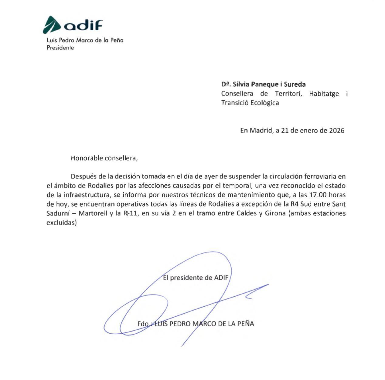 La carta que Adif envió el miércoles al Govern asegurando que la infraestructura es segura.