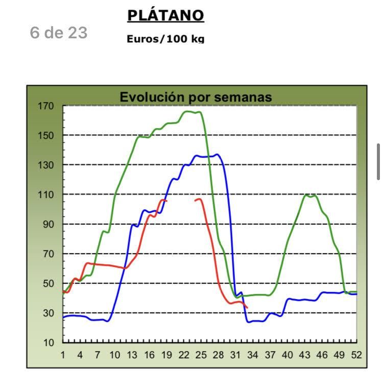 Evolución de los precios medios percibidos por el platanero canario en 2024 (marca azul), 2025 (verde) y 2026 (roja, hasta la semana 33). Fuente: MAPA.