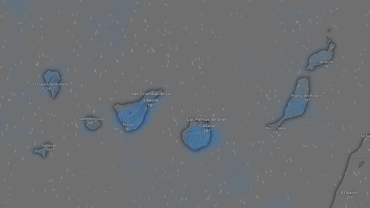 Mapa de lluvias previstas según el modelo europeo para Canarias este jueves.
