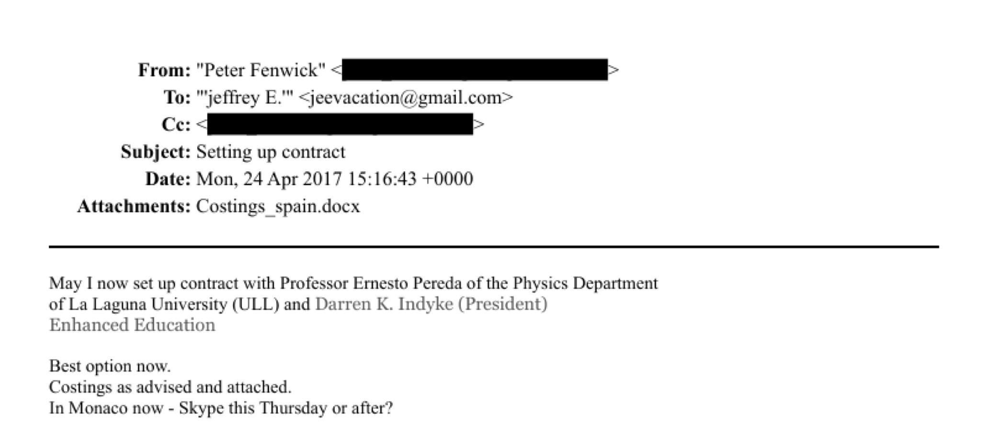 Uno de los correos de Epstein en el que aparece la Universidad de La Laguna