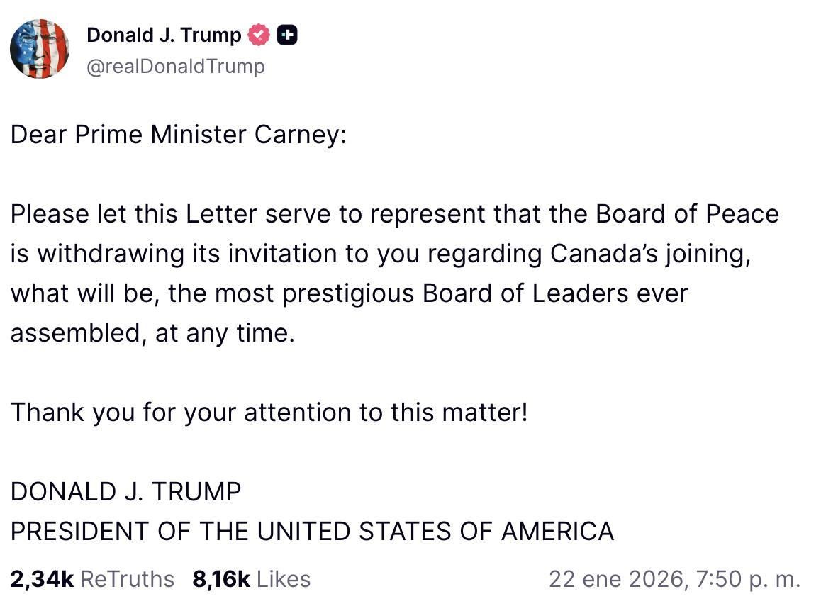 Truth Social de Trump sobre Carney y la Junta de Paz.