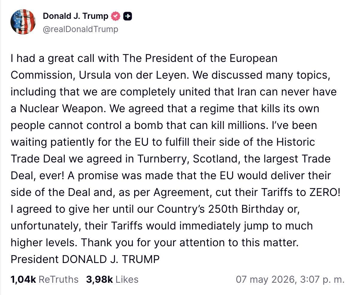 Truth Social de Trump sobre aranceles.