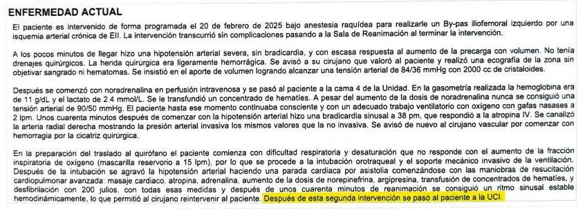 Parte del informe de Giuseppe, donde se menciona las dos intervenciones quirúrgicas adicionales que se le practicaron sin el consentimiento de su familia
