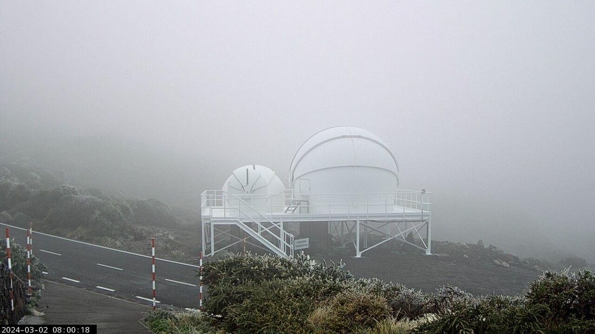 Entorno de los telescopios Warwick, en la mañana de este sábado,  en el Observatorio del Roque de Los Muchachos, con escarcha y una densa neblina.