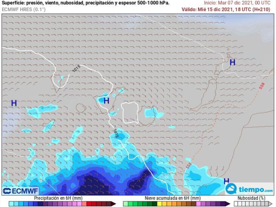 Llegada de la borrasca desde el sur de las islas el próximo miércoles, 15 de diciembre, sobre las 18:00 horas. / FOTO: METEORED