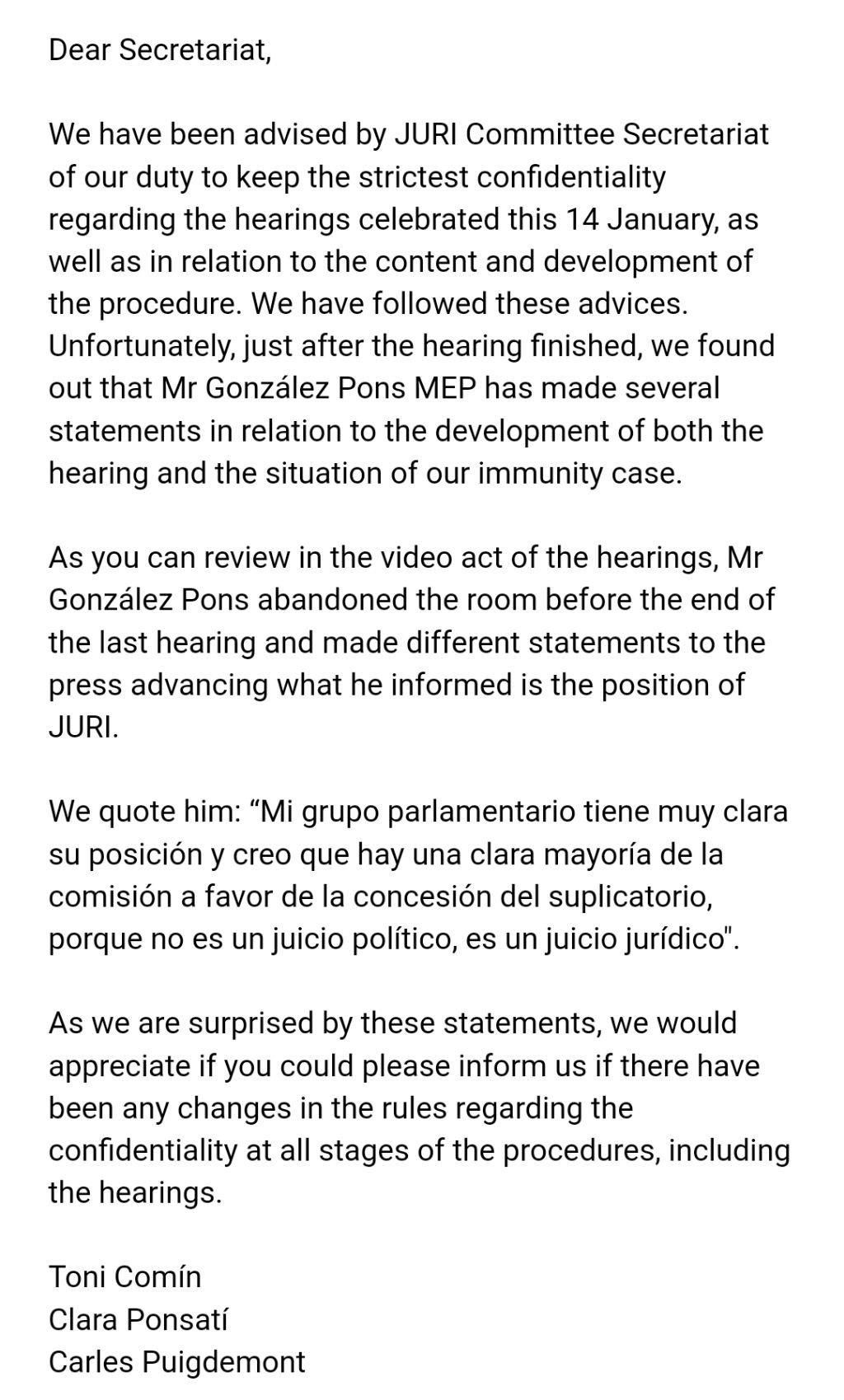 Carta de los eurodiputados Puigdemont, Comín y Ponsatí a la secretaría de JURI.