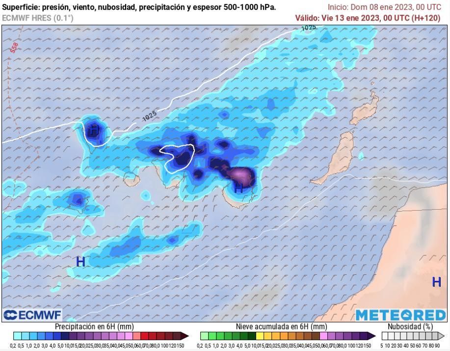 Previsión de acumulados de lluvia en Canarias a primeras horas del viernes, 13 de enero