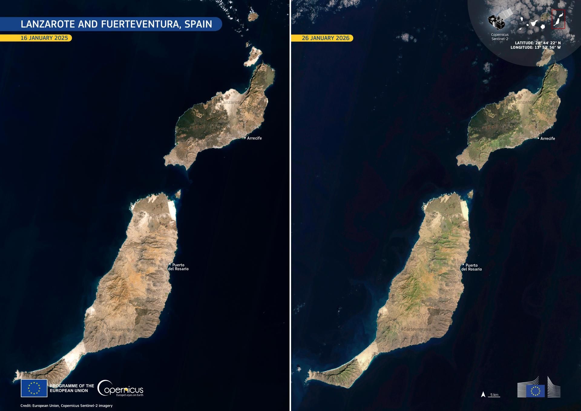 Imágenes de Sentinel-2 de Copernicus que muestran el antes y el después de Lanzarote y Fuerteventura tras las lluvias de diciembre. Ambas islas muestran una capa de vegetación inusual en su paisaje desértico.