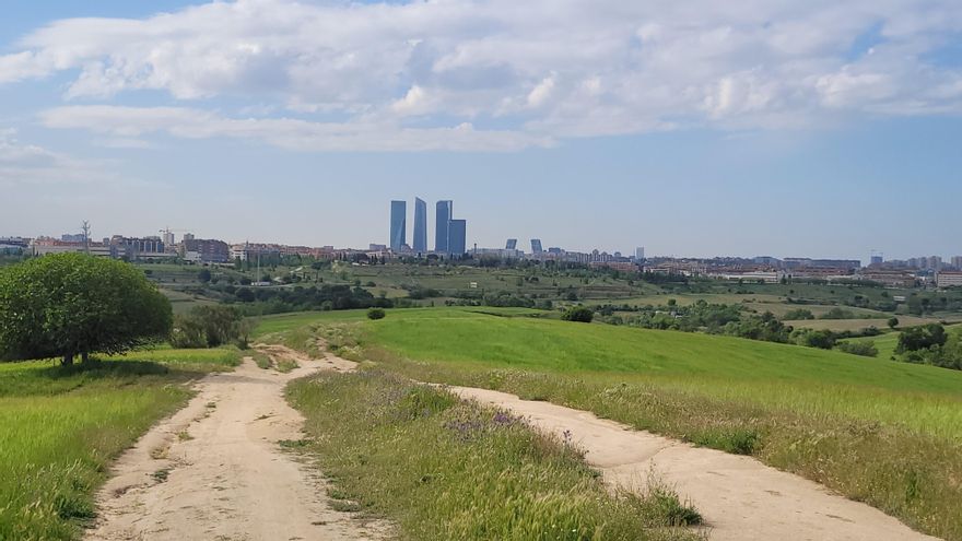 Terrenos que serán ocupados por el Bosque Metropolitano, con las Cuatro Torres del Paseo de la Castellana al fondo.