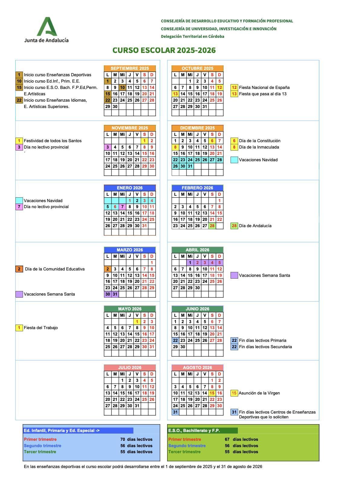 Calendario curso escolar 2025-2026 Andalucía