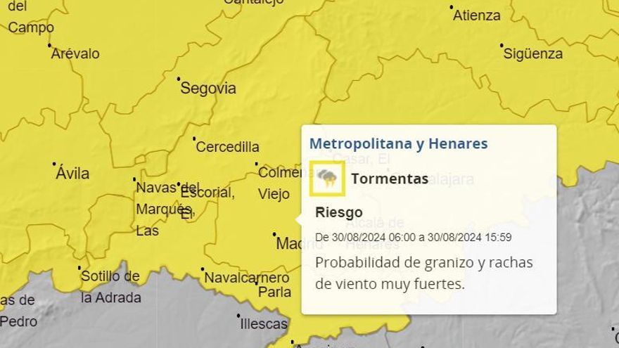 Aemet amplía hasta la medianoche del viernes la alerta por tormentas y granizo sobre Madrid
