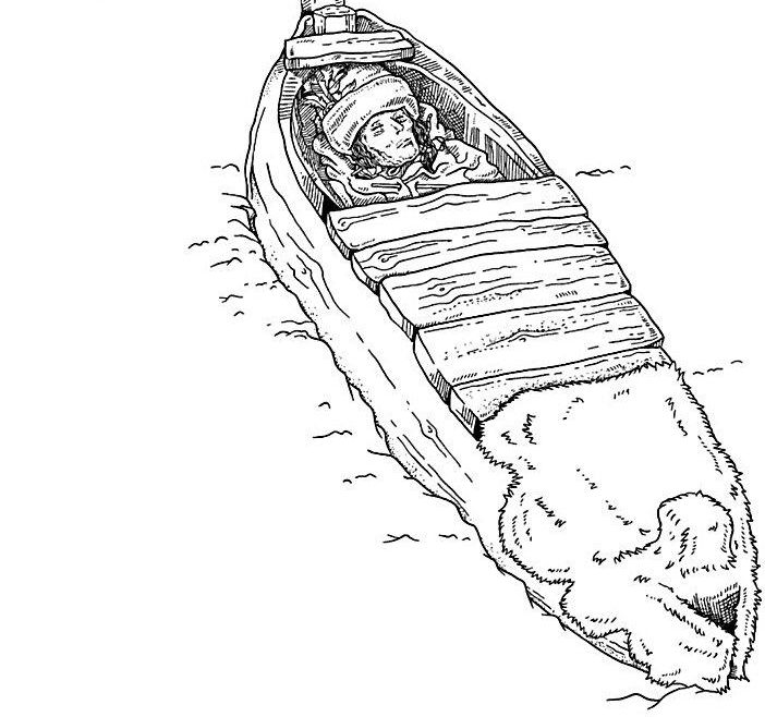 Ilustración idealizada de los entierros Xiaohe con dos tipos de postes.
