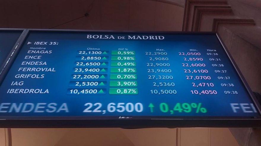 Vista de algunos de los valores del Ibex 35 en el parqué de la Bolsa de Madrid este jueves, cuando en su apertura ha registrado una subida del 1,51 % por encima de los 7.300 puntos.