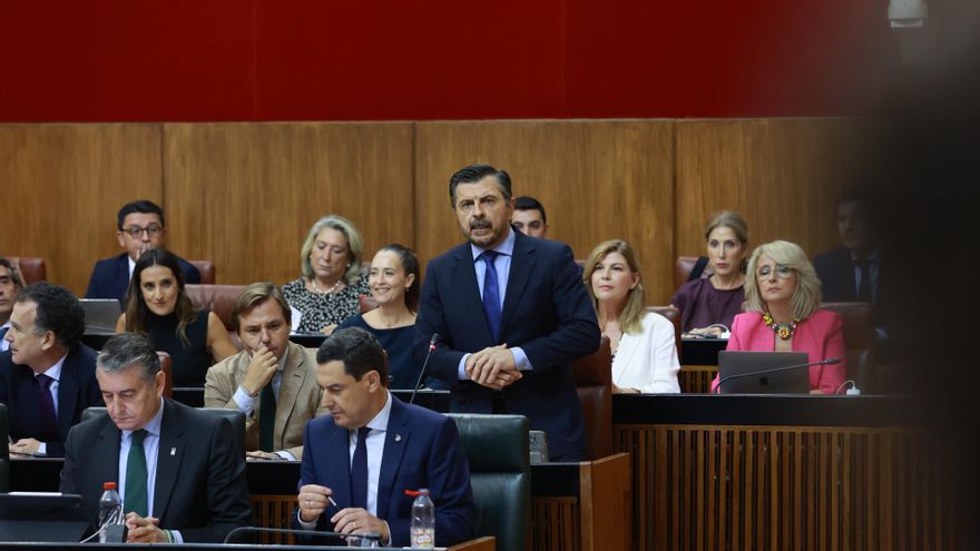 El portavoz del Grupo Parlamentario Popular, Toni Martín, interviene durante la sesión de control en el pleno del Parlamento andaluz.