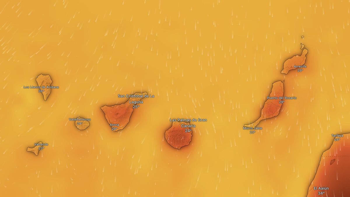 Mapa de temperaturas esperadas este sábado en Canarias, según el modelo europeo. Los colores más rojizos indican más de 30 grados.