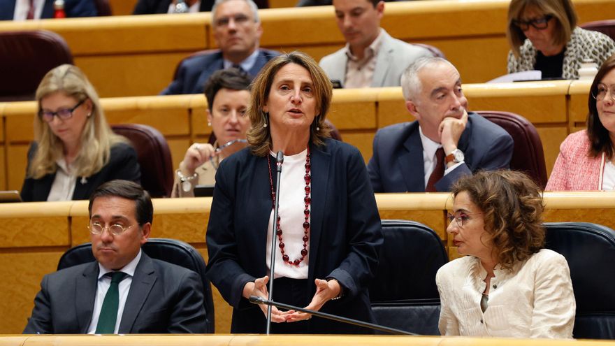 La vicepresidenta tercera y ministra para la Transición Ecológica y el Reto Demográfico, Teresa Ribera (c), interviene en la sesión de control celebrada este martes en el Senado. EFE/ J.P.Gandul