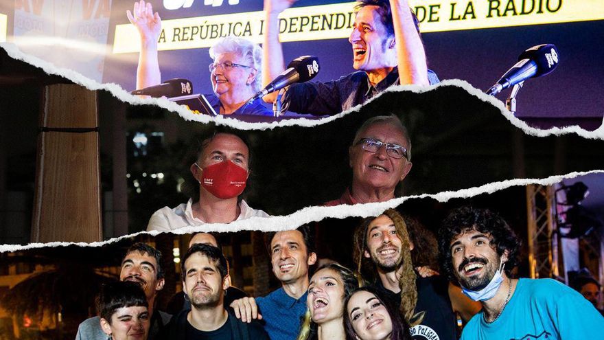 Montaje con Concha García Zaera, el concejal Giuseppe Grezzi y el alcalde Joan Ribó y el grupo Mafalda