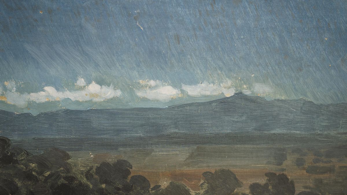 Detalle del paisaje del cuadro, con una luz en el horizonte poco realista.