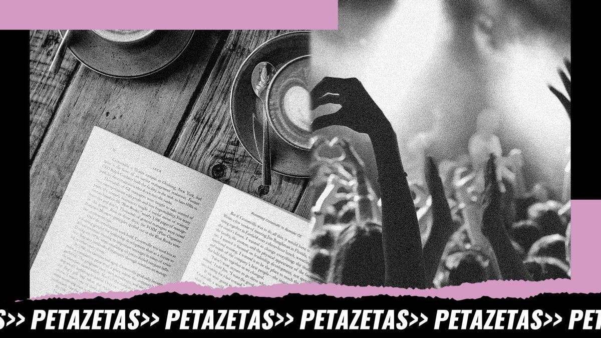 Montaje: dos tazas de café y un libro frente a un grupo de personas de fiesta en una sala