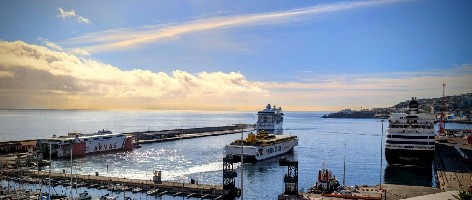 Los buques de cruceero ‘Marina’  y ‘Vasco da Gama’  y los fast ferries  de Armas y Naviera Fred Olsen,  a primeras horas de este sábado, en el puerto de Santa Cruz de La Palma. El   buque ‘Hamburg’ tenía previsto su atraque a  las 13.00 horas.