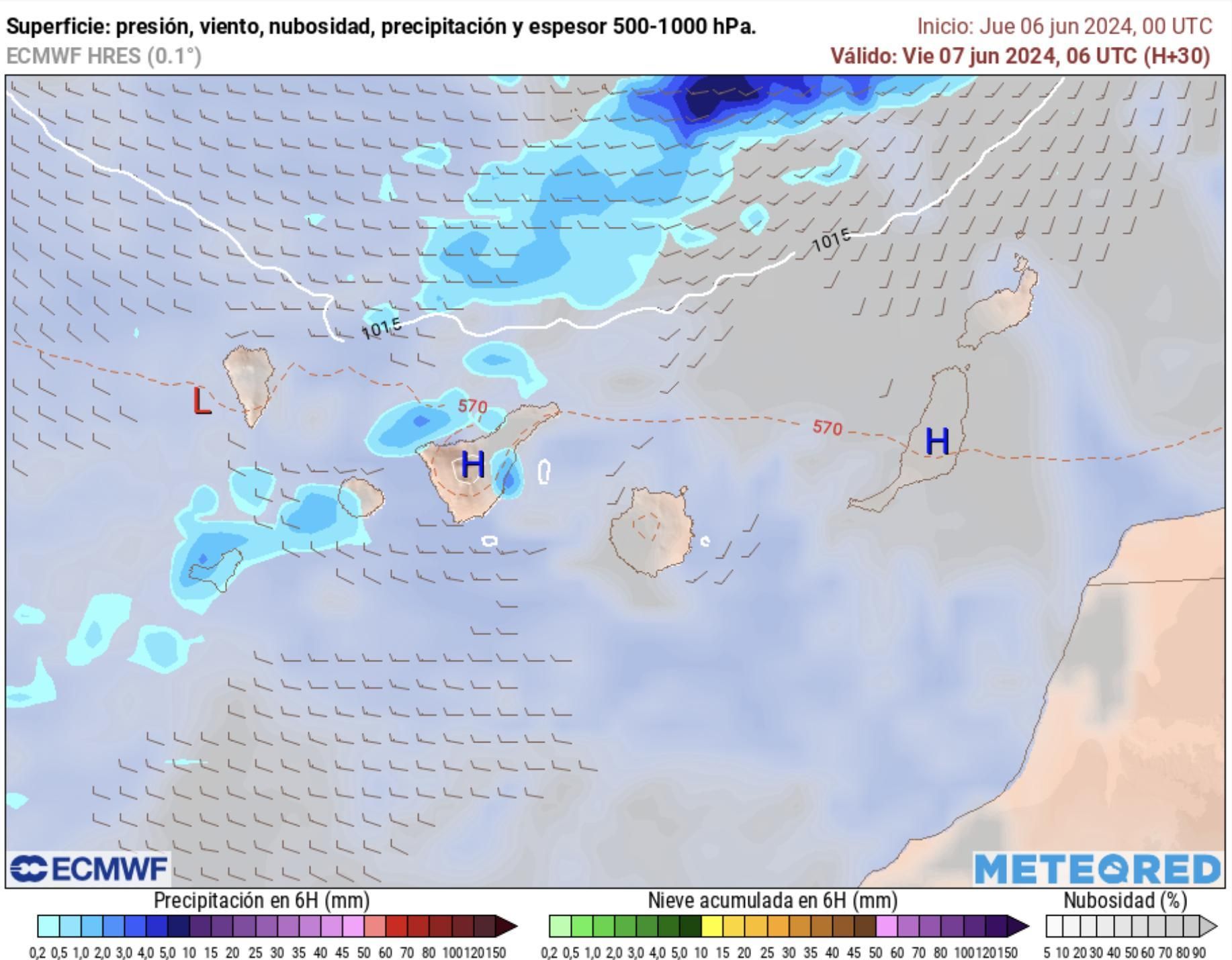 Mapa de lluvias previstas en Canarias para este viernes, según el modelo europeo.