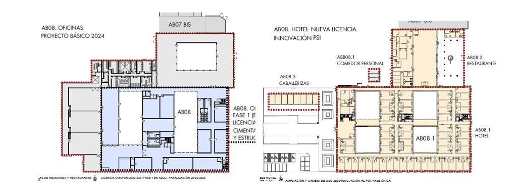 Planos comparados del edificio de oficinas proyectado de inicio y su transformación para el primer hotel de Puy du Fou dentro del parque