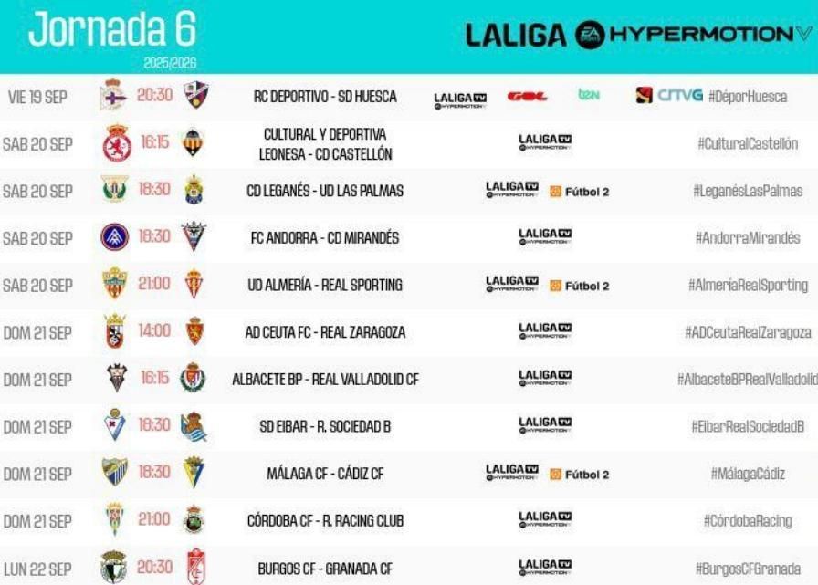Horarios de la Jornada 6 de LaLiga Hypermotion