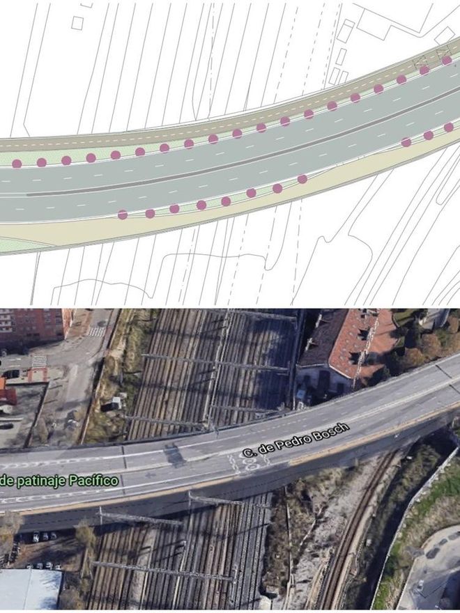 Proyecto del puente sobre Pedro Bosch (arriba) y estado actual (debajo)