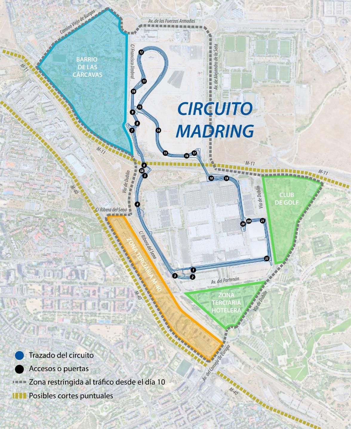 El dispositivo de movilidad distinguirá dos grandes ámbitos alrededor del recinto, una corona exterior y una corona interior, con diferentes niveles de control y restricciones