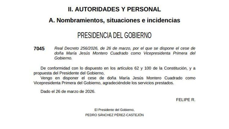 BOE con el cese de María Jesús Montero.