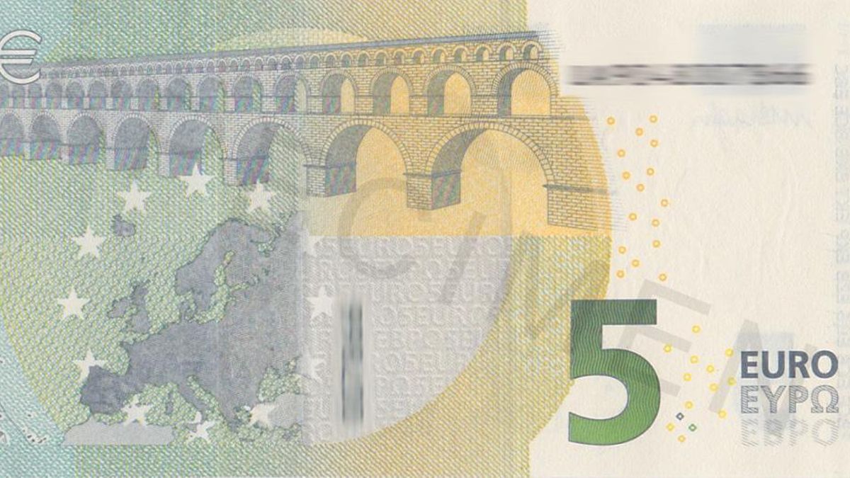 Imagen de la parte trasera de un billete de 5 euros actual (2026) donde sí aparecen las RUP