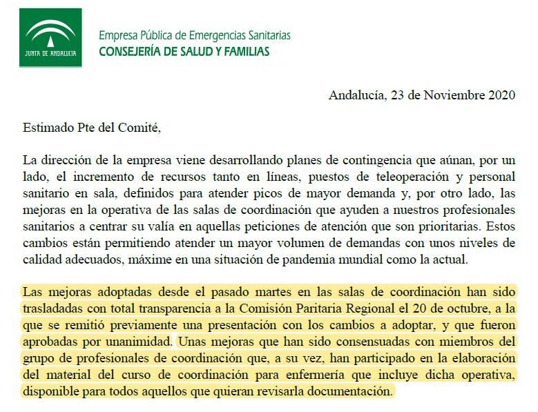 Extracto de la nota interna enviada al presidente del comité de empres EPES y frmada por la directora asistecial, María Paz Carmona, en la que habla de "total transparencia" y de mejoras "consensuadas"