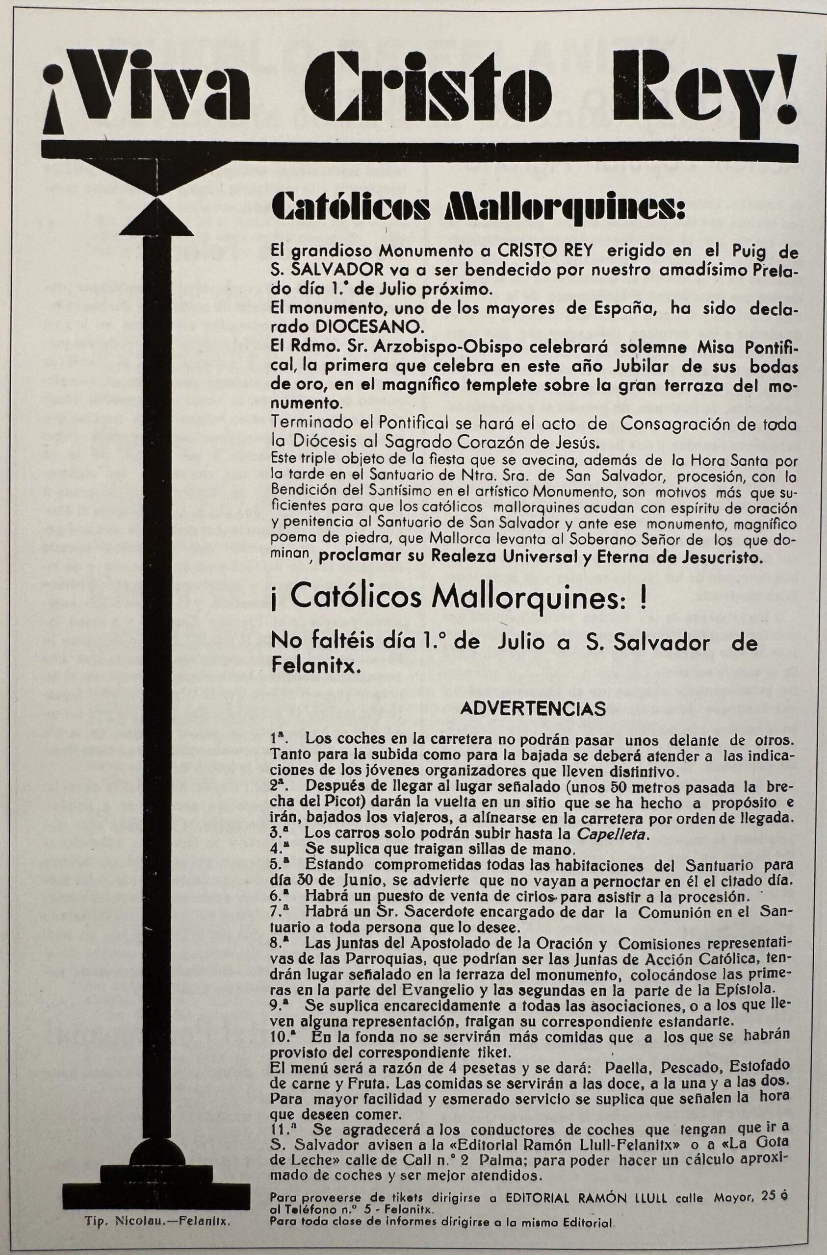 Publicación que anunciaba la inauguración del monumento