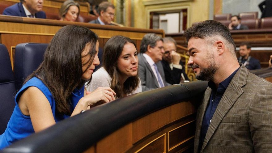 Ione Belarra, Irene Montero y Gabriel Rufián durante el pleno de investidura del líder del Partido Popular, en el Congreso de los Diputados, a 27 de septiembre de 2023, en Madrid (España).