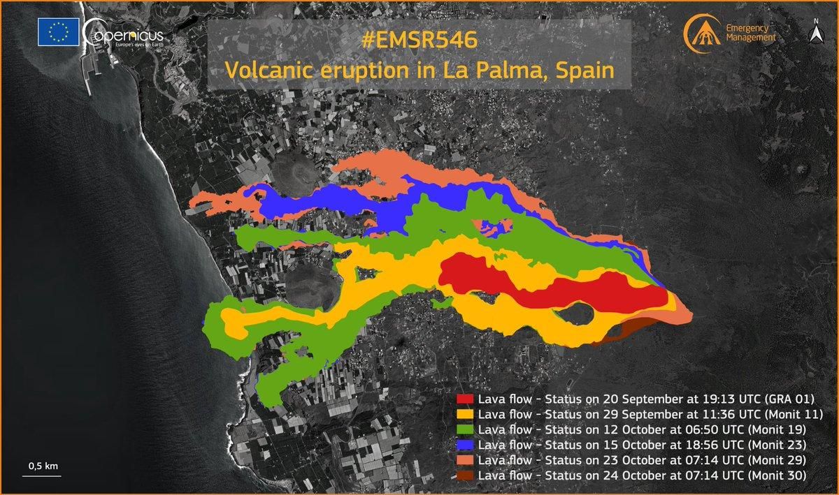 Avance de las coladas por días, según Copernicus. / MAPA: COPERNICUS