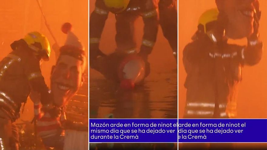 'Conspiranoicos' captó el simbolismo de las Fallas: un bombero rompe, descabeza y echa al fuego el ninot de Mazón